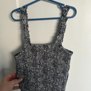 Women's Cropped Square Neck Tank with Navy Blue Floral Pattern - Size Medium